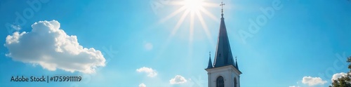 Serene church steeple piercing a vibrant blue sky, bathed in sunlight  Perfect for faith, religion, hope, peace, architecture, travel, and landscape themes ,  christianity,  outdoor,  gothic
