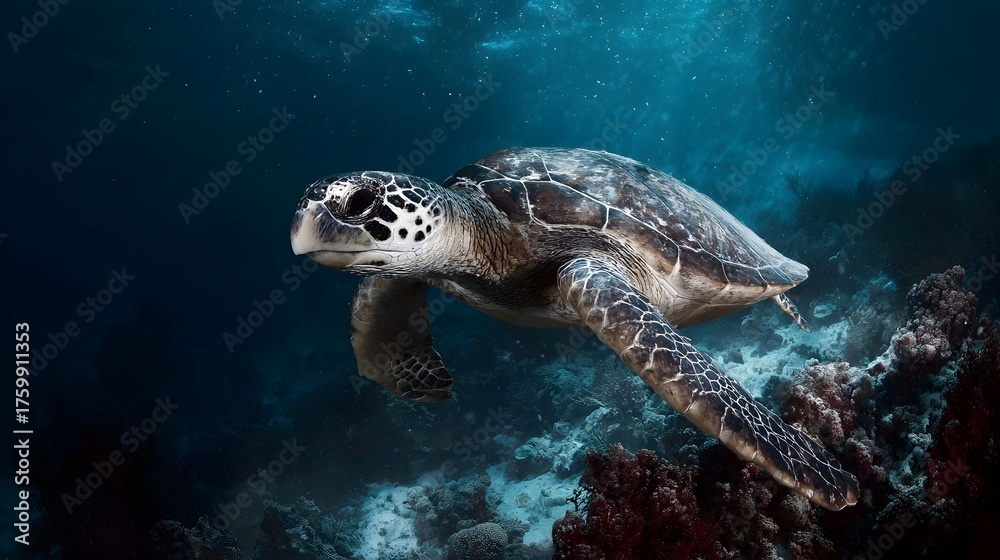 Obraz premium A majestic sea turtle gracefully swims through the clear blue ocean depths near a vibrant coral reef formation