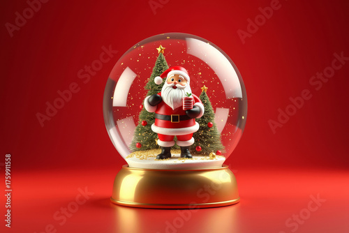 Christmas snow globe with Santa Claus figure on red background. Festive decoration with snowfall effect. Holiday ornament for New Year celebration.
