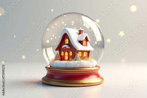 Cozy snow globe featuring small house and golden stars. Festive winter decoration with snowfall. Christmas ornament isolated on white background.