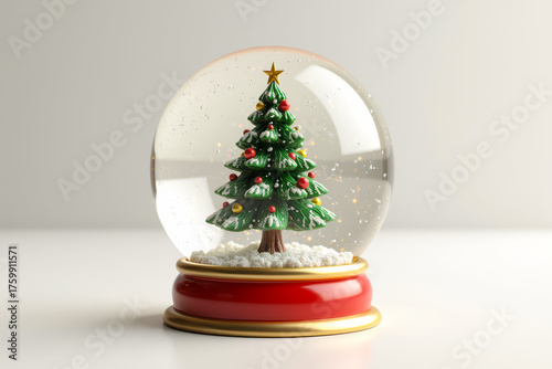 Detailed Christmas snow globe with decorated tree on white background. Transparent PNG isolated holiday ornament. Festive New Year souvenir with golden base.