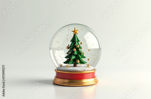 Detailed Christmas snow globe with decorated tree on white background. Transparent PNG isolated holiday ornament. Festive New Year souvenir with golden base.