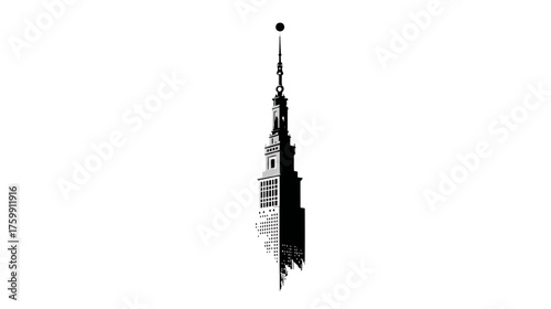 Detailed black and white vector illustration of a historic church steeple with intricate architectural details against a clean white background