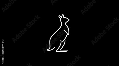 Minimalist white outline kangaroo icon on black background. Simple vector illustration of a hopping Australian marsupial symbol.