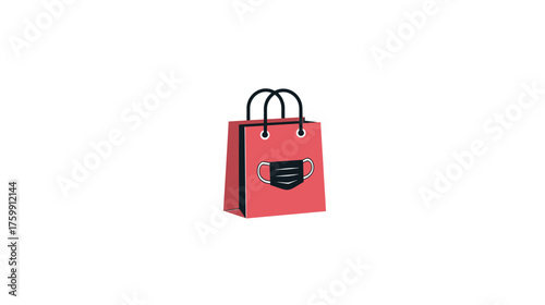 Red shopping bag with a black protective face mask, symbolizing safe retail, online shopping, and consumer health during a pandemic.