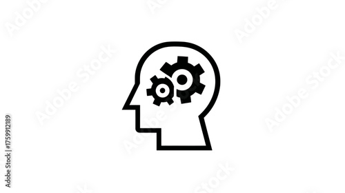 Thinking process icon: human head with gears representing intelligence, problem-solving, cognitive function, and brain mechanisms concept.