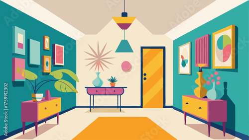 A bright and cheerful foyer with a midcentury style console table and an eclectic assortment of art pieces adorning the walls.