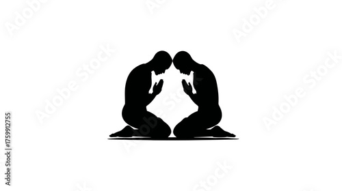 Two kneeling human silhouettes with bowed heads and hands together in a prayerful or respectful gesture, devotion concept.