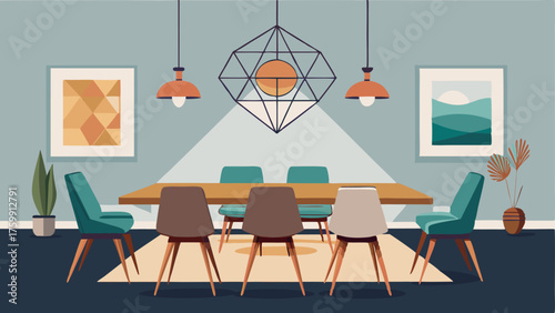 A dining room with a mix of midcentury modern and eclectic chairs surrounding a sleek wooden table. A geometric chandelier hangs above the table adding a touch of modern flair to