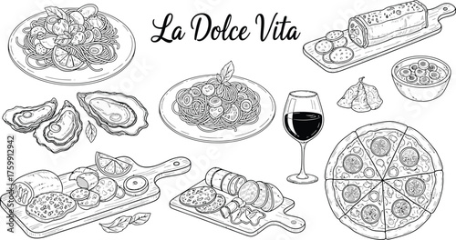 Handdrawn illustration of italian food, featuring pasta, pizza, oysters, and wine, evoking the essence of la dolce vita and the culinary delights of italy isolated on white background
