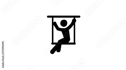 Simple black pictogram of a person swinging or hanging from a horizontal bar, representing play, activity, or recreation. Vector graphic.