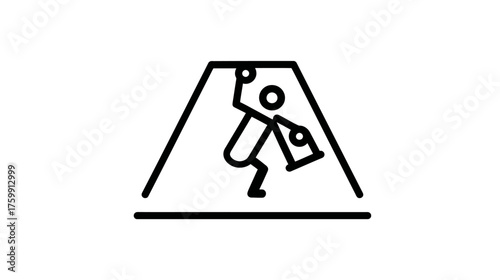 Child or person climbing on an A-frame playground structure icon. Simple black line vector graphic depicting childhood play and recreation.