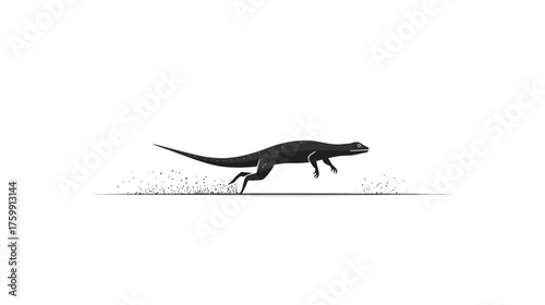 Dynamic black reptile silhouette running and leaping, showing fast motion with trailing particles on a clean white background. Minimalist graphic.