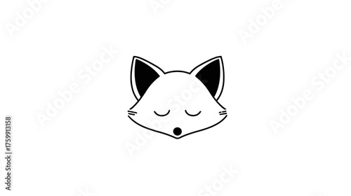 Minimalist Black and White Fox Head Illustration with Closed Eyes. Cute Vector Animal Icon for Simple Graphic Designs.