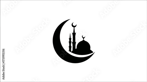 Islamic mosque silhouette with crescent moon symbol, representing spiritual worship, prayer, and religious culture on white background