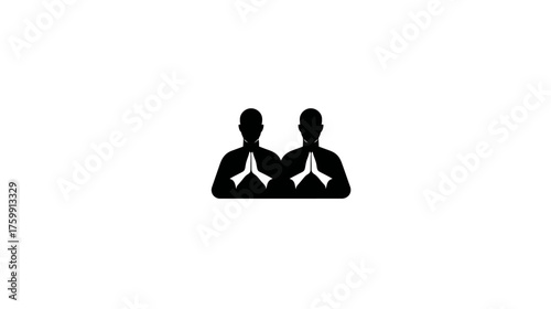 Two human silhouettes with hands together in a prayer or Namaste gesture, representing greeting, peace, unity, spirituality, and respect.