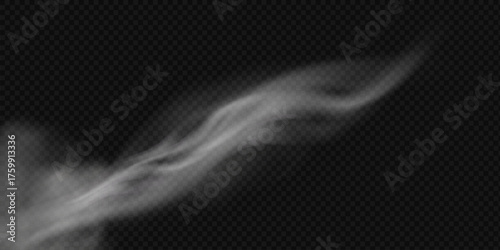 Set of steam or abstract white smog. Isolated on a black background. Wavy steam, fog, haze, gas, hot drinks, food. Vector
