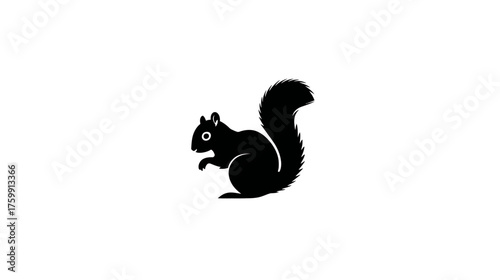 Stylized black squirrel silhouette icon, elegant wild animal vector illustration with bushy tail on a clean white background.