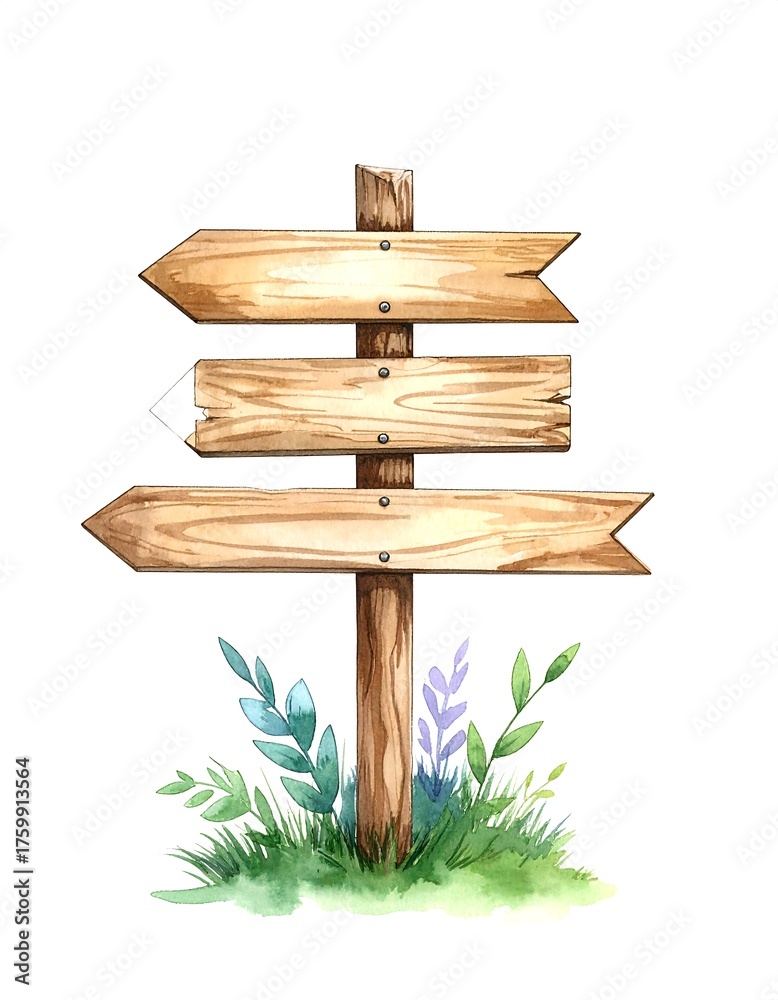 Naklejka premium Watercolor illustration of a wooden signpost with three arrows indicating directions, decorated with grass and leaves