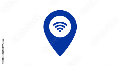 Blue map pin icon with Wi-Fi signal symbol. Concept of free internet access, public hotspot, or wireless network location.