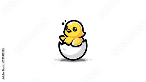 Adorable yellow baby chick breaking out of a cracked eggshell, a symbol of new life and spring, cartoon illustration