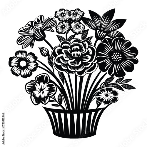 Vase of flowers in black and white drawing
