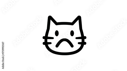 Sad cat face line art illustration. Minimalistic cute cartoon animal icon with a grumpy or unhappy expression on white background.