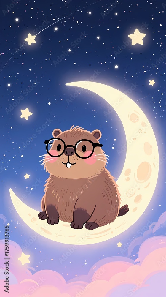 Fototapeta premium cute capybara with glasses sitting on a crescent moon pastel night sky with stars dreamy illustration vertical composition