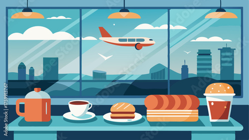 A cafe with large windows overlooking the runway offering a variety of drinks and pastries to grab and go.