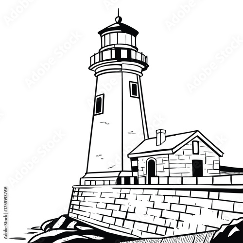 Lighthouse near the sea in black and white drawing