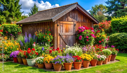 Wooden shed surrounded by vibrant flowers in a sunny garden.