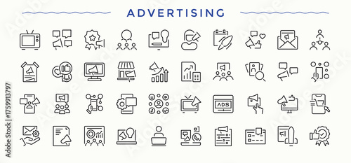 Advertising icon set. Contains such icons as marketing, promotion, communication, online marketing and more. Marketing modern icon set. Icons for UI design. Editable stroke. Pixel Perfect.