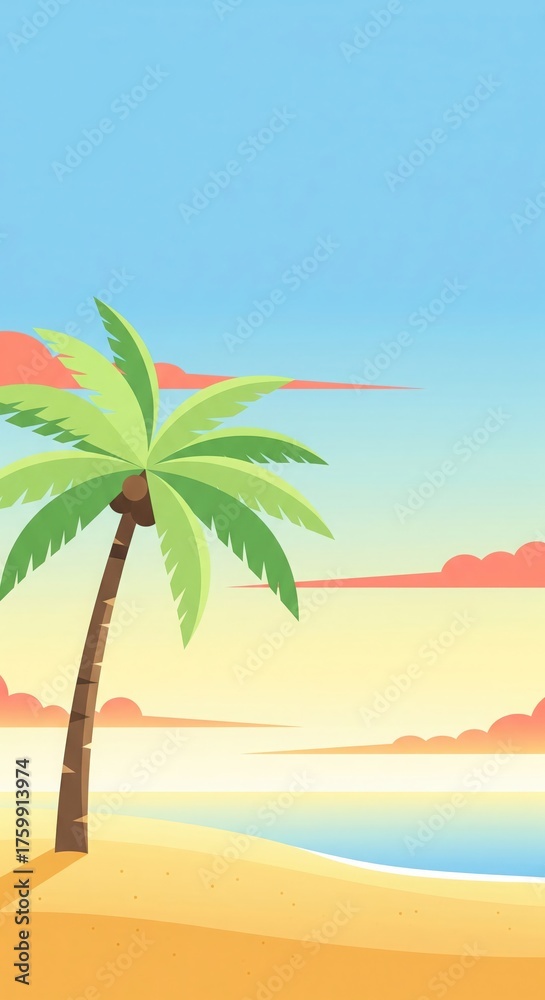 Obraz premium Minimal Tropical Beach with Palm Tree. Flat Vector Pastel Background.