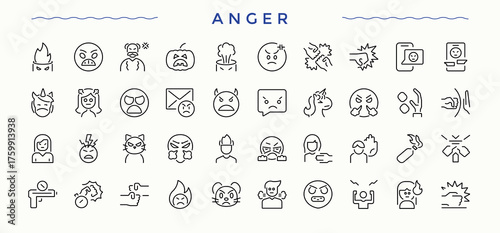 Anger linear icon set. Includes thin line symbols attack, reaction, anger, aggressive. Aggressive icon set. Isolated icons. Pixel perfect. Editable stroke.