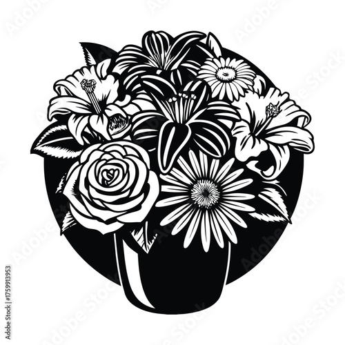 Flower vase in black and white drawing