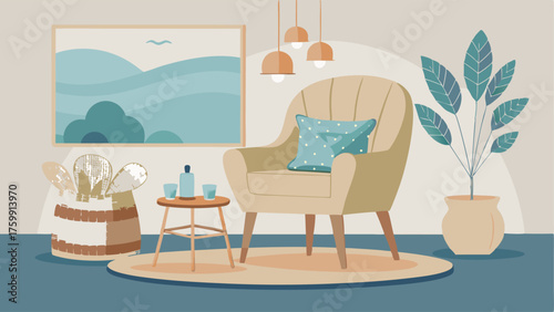 A cozy sitting area with a woven seagrass armchair and a small side table adorned with a collection of coastalinspired decor.