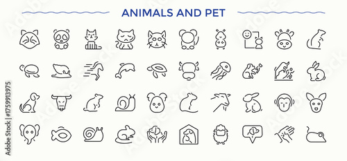 Animal And Pet line icon set. Animal Care icon set. It contains symbols to dog, cat, animal, vet, puppy, kitten and more. Pixel perfect. Vector illustration.