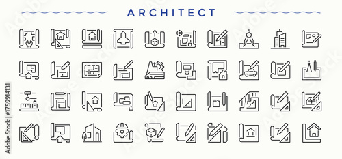 Architect related icon set. Engineering icon set. Minimal icons set. Pictograms of blueprint, drawing, house, measurement and more. Vector illustration in modern line style.