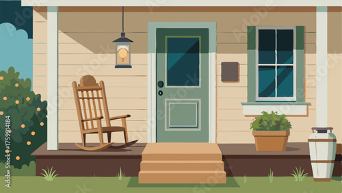 A farmhousestyle front porch with a wooden rocking chair a metal mailbox and a hanging plant basket.