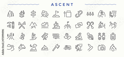 Ascent icon pack. Containing mountain, travel, camping, adventure, tour, tourism and more. Tourism related icon set. Thin line icons set. Editable vector art and illustration.