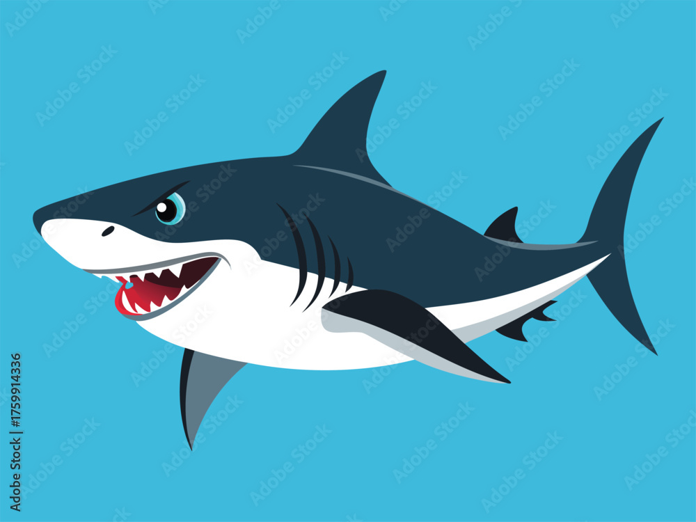 Fototapeta premium Vector art of a cartoon illustration of a great white shark with sharp teeth and an open mouth, swimming in the ocean