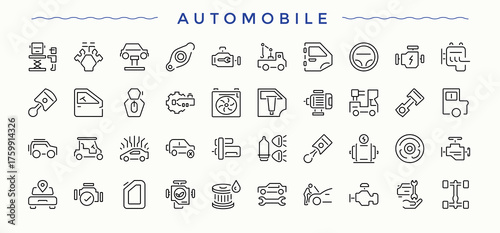 Automobile icon set. Pictograms of auto parts, service, auto, vehicle and more. Part icon set. Thin outline icons pack. Signs for web and mobile app.