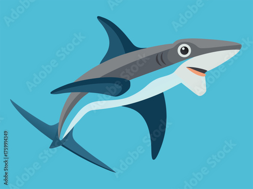 Vector art of a dynamic, cartoonstyle illustration of a grey and blue shark with its mouth open, swimming in light blue water