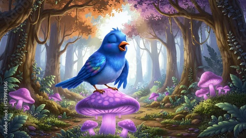 Bluebird Sings on Mushroom in Enchanted Forest