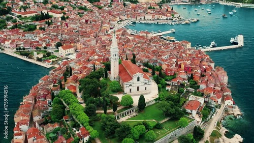 Aerial panorama of Croatian landmark, old town Rovinj and the cathedral of St. Euphemia, Istria, Croatia.