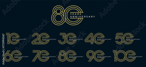 Set of vector logo designs for 1st to 10th anniversary, in gold color for celebrations, weddings and birthday