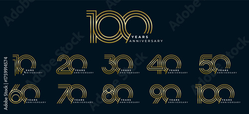 Set of vector logo designs for 1st to 10th anniversary, in gold color for celebrations, weddings and birthday