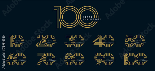 Set of vector logo designs for 1st to 10th anniversary, in gold color for celebrations, weddings and birthday
