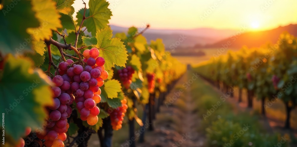 Fototapeta premium Sun-drenched vineyard bursting with ripe grapes ready for harvest Golden hour light illuminates the rows of vines heavy with fruit A picturesque autumn scene , berries, ripe