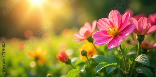 Vibrant summer colors explode in this close-up shot of sun-drenched flowers and lush green foliage, capturing the essence of a warm, sunny day , sunlight, flora, sunshine
